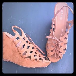 Brown, strappy, wedge heels.